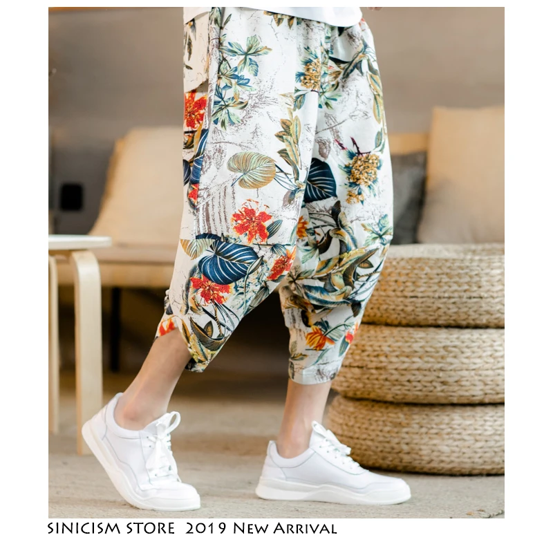 Брюки-шаровары Sinicism Store мужские винтажные хлопковые льняные с цветочным принтом