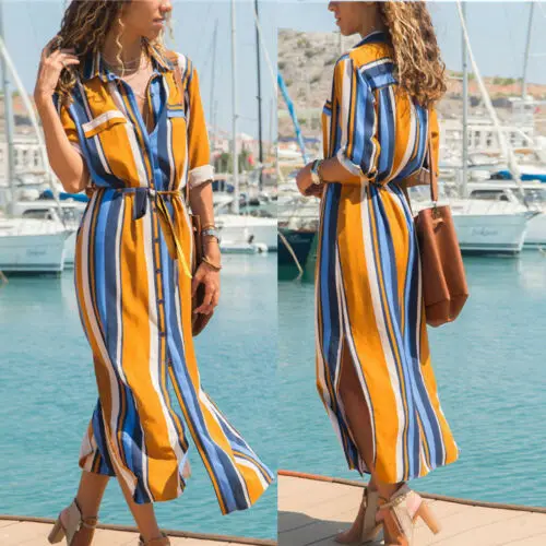 Женское платье рубашка в полоску Boho повседневное пляжное макси с длинным рукавом
