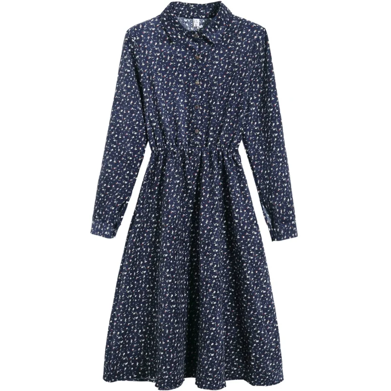 Navy Blue Женское миди платье на весна-осень,приличное платье из вельвета,вельветовое платье с цветочным принтом,элегатное платье с длинным рукавом,повседневное винтажное платье,темно-синего и бордового цвета - Цвет: Navy Blue