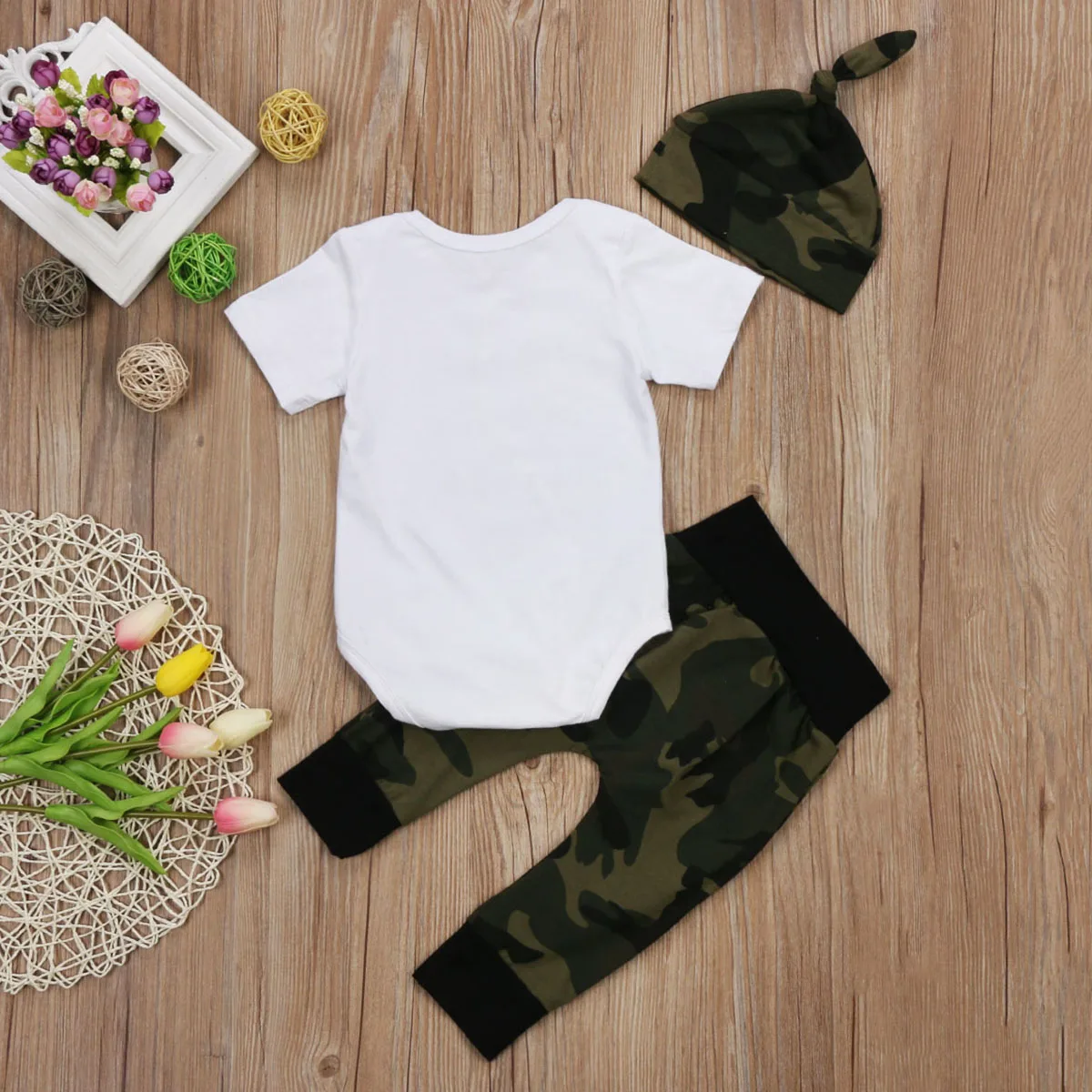3Pcs Summer Newborn Baby Boy Casual Outfits Short Sleeve O-neck Tops Cotton Romper+Camouflage Pants Hat Set 3PCS |