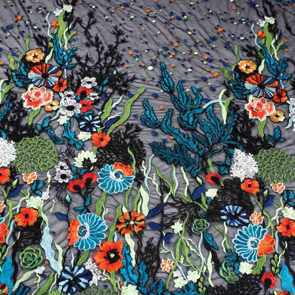 Mixed on black net La Belleza Новая красивая вышивка мода шоу стиль смешанный цвет кружево ткань для свадьбы/праздничная одежда Кружева 130 см ширина 1 ярд - Цвет: Mixed on black net