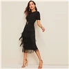 SHEIN элегантное черное платье-карандаш с металлической пуговицей, с многослойной бахромой, Женские однотонные летние тонкие длинные платья с высокой талией и коротким рукавом