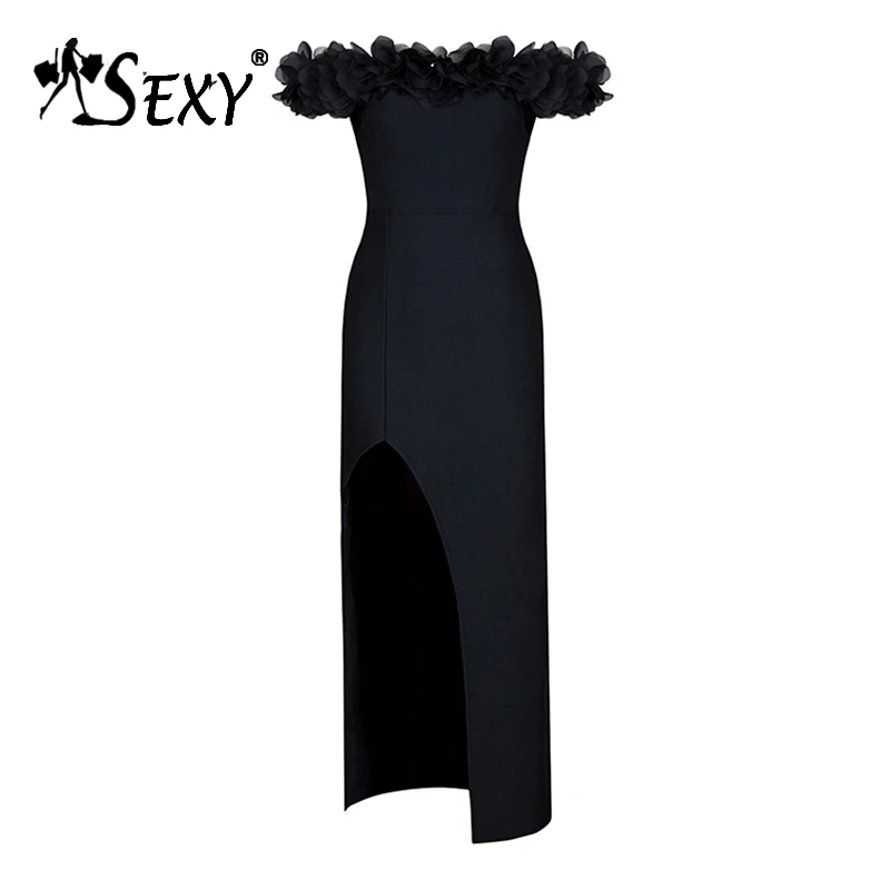 Gosexy 2017 Новый черный с открытыми плечами Цветочный слэш шеи Сплит Бандажное