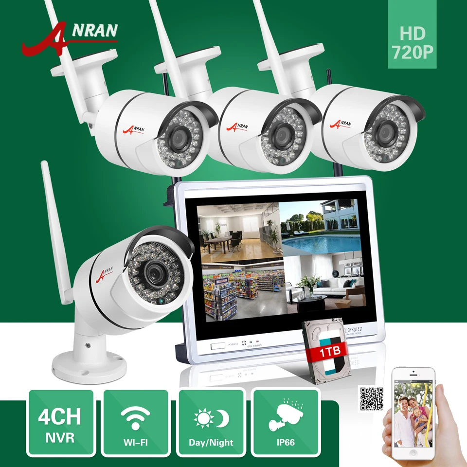 Anran 4ch 720 P 12 ''ЖК-дисплей Экран Беспроводной NVR видеонаблюдения 36ir открытый 1.0mp