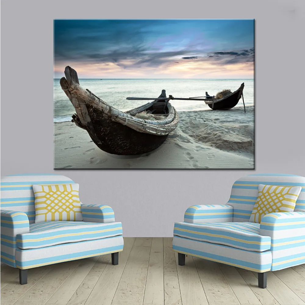 

Modern Top-Rated Canvas Print Seascape Beach Boats Painting 1 Piece Art Style Picture Home Decorative Landscape Picture