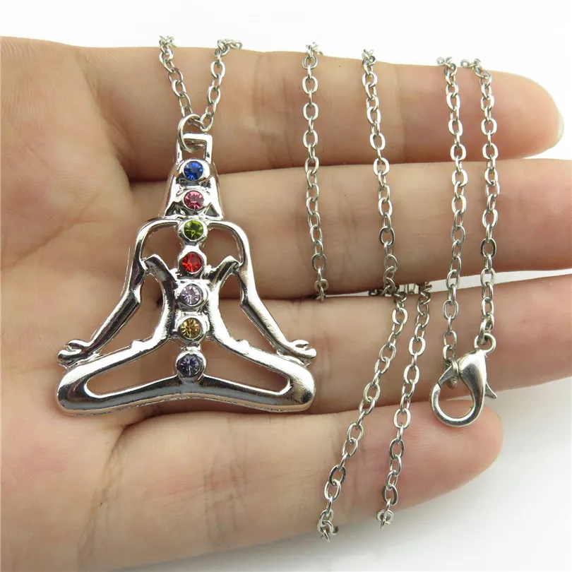 19871 тускловатый серебряный стразы чакра Будда йога кулон цепочка ожерелье