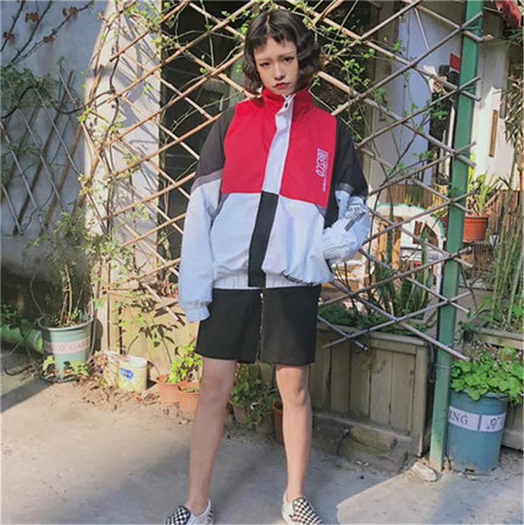 Spring autumn hip hop ulzzang Korean fashion Women's Clothing Harajuku loose Unisex letter print paneled turtleneck Coat Jackets | Женская