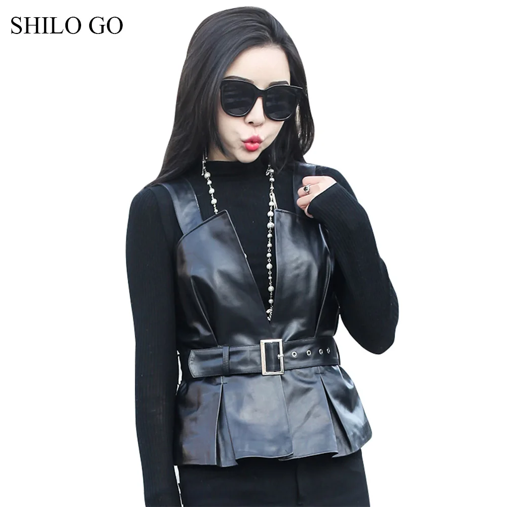 SHILO GO кожаная блузка женская летняя мода Овчина натуральная кожа блузка V образным вырезом Спагетти ремень металлический пояс А-линия блузка