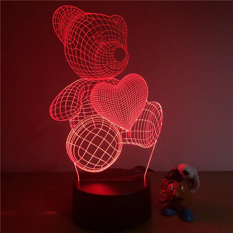 3D LED Night Light Cute Teddy Bear Love Heart Action Figure 7 Colors Touch Optical Illusion Table Lamp Home Decoration Model | Лампы и