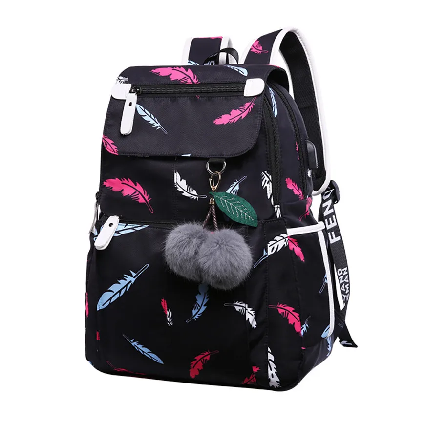 black feather OKKID розовый цветочный школьный рюкзак для девочек, женский рюкзак для путешествий, рюкзак для ноутбука, usb зарядка, рюкзаки для детей, школьная сумка для студентов - Цвет: black feather