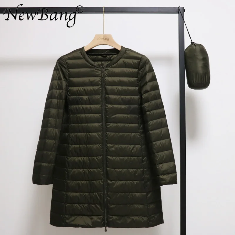 Армейский зеленый NewBang 4XL женский ультра легкий пуховик средней длины с круглым вырезом, переносные весенние пальто, зимняя внутренняя одежда на молнии - Цвет: Армейский зеленый