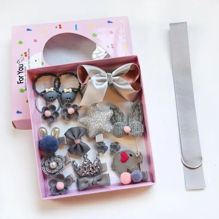 Gray boxed 18 шт./кор. дети милые женские аксессуары для волос комплект ткани для младенцев с цветочным узором и бантом, заколки для волос для девочек, повязка на голову в подарок - Цвет: Gray boxed