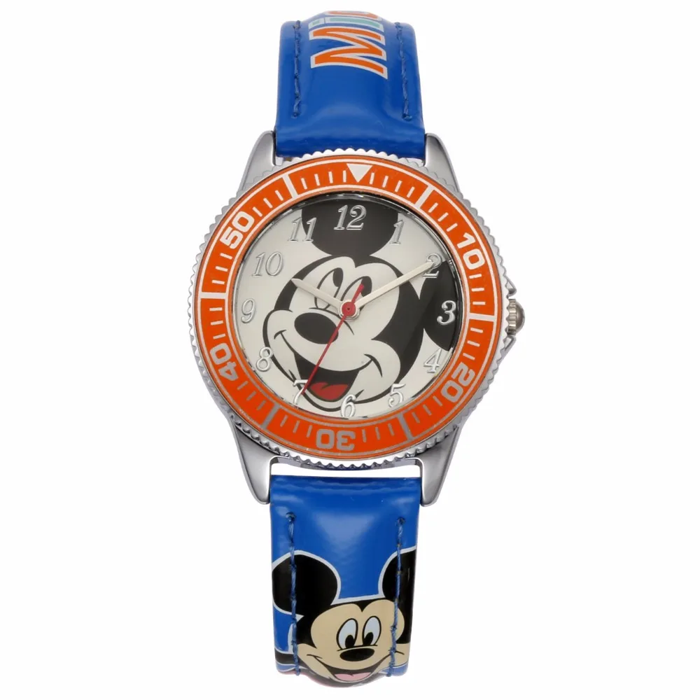 Disney оригинальные детские часы с Микки Маусом, кожаные кварцевые часы для мальчиков и девочек, красные, синие, оранжевые, водонепроницаемые часы для студентов
