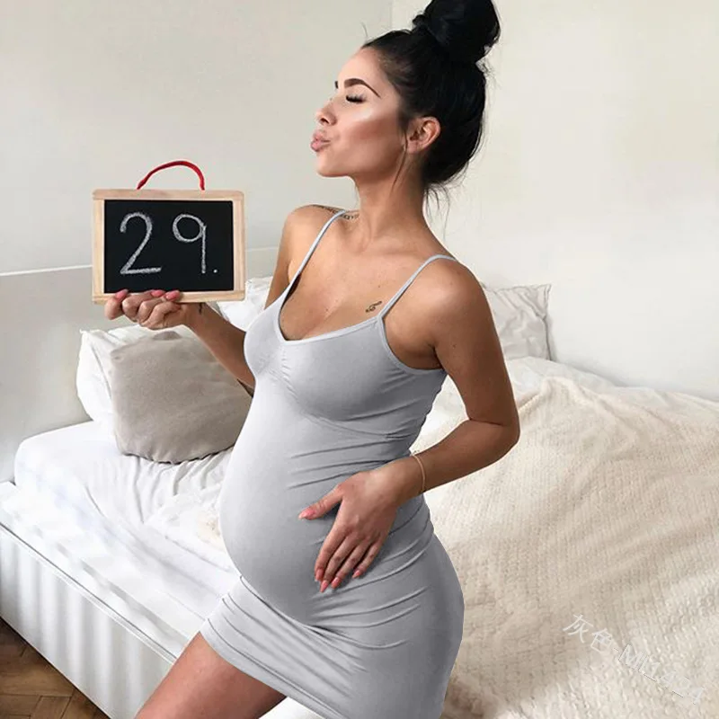 Summer 2019 New Suspension Belt Fashion Pure Color Button Pregnant Women's Skirt Home Leisure Close-fitting Large Size Dresses | Женская