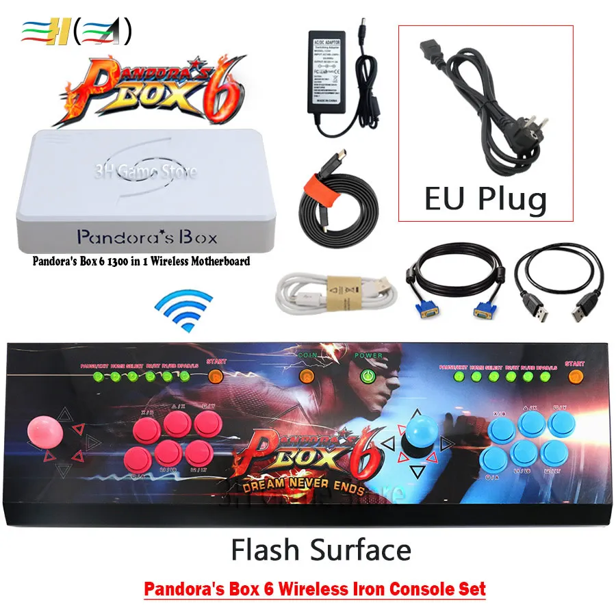 wireless flash EU Оригинальная коробка Pandora 6 1300 в 1, аркадная консоль, беспроводная железная консоль, набор, 2 плеера, кнопки джойстика, HDMI, VGA, выход, ТВ, ПК, PS3 - Цвет: wireless flash EU