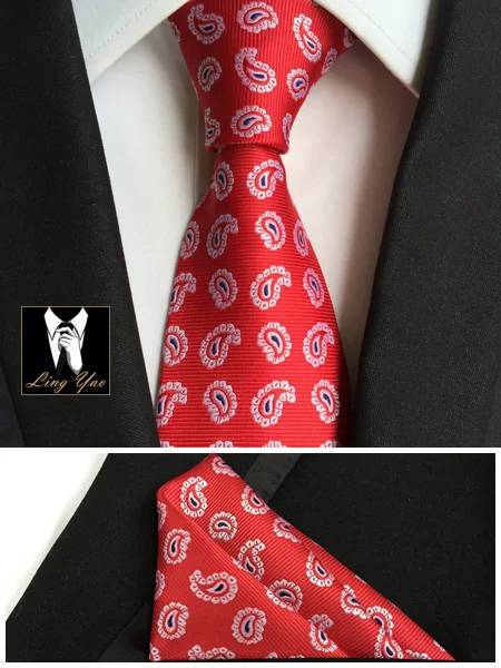 

8cm Men Formal Neck Ties Set with Handkerchief for Bridegroom Wedding Red with Classic Paisley