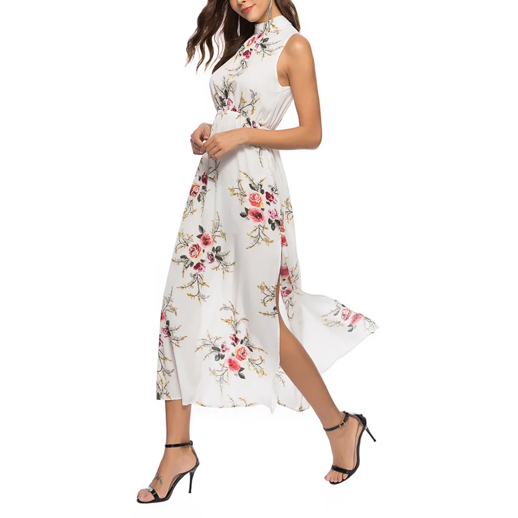 Women Summer Floral Print Beach Dress Ladies Sexy Thigh Slit Slip Midi Halter Sleeveless High Waist Tank Vestido | Женская одежда