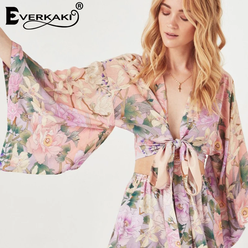 Everkaki Boho блузка элегантная обертывание Цветочные женские блузки с принтом