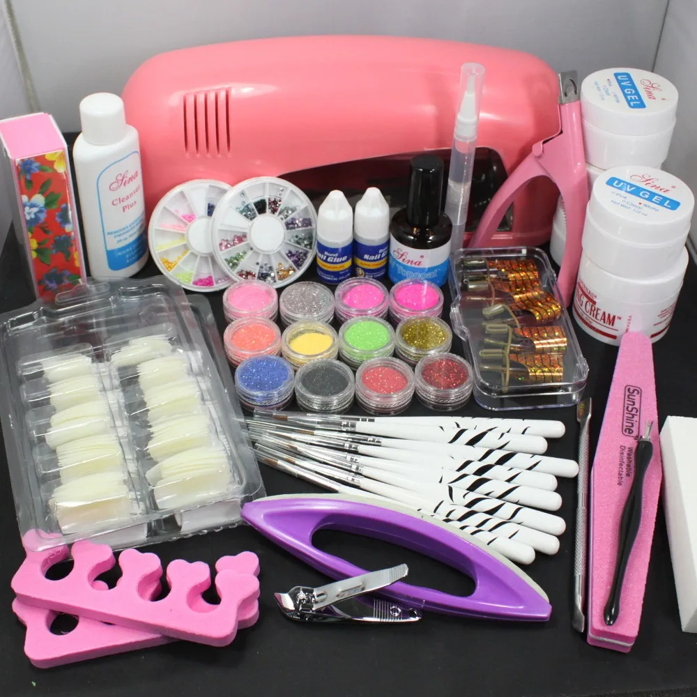 Pro Nail Art UV Gel Kits Tools Pink /White random 9W UV lamp Brush Tips Glue Acrylic Powder Set #30