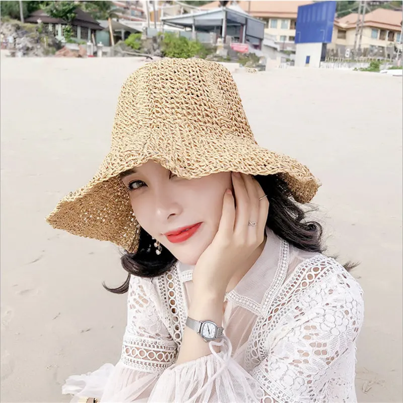 

Wide Brim Floppy Straw Hat Sun Beach Women Summer UV Protect Travel Cap Lady Girls Female AD0344