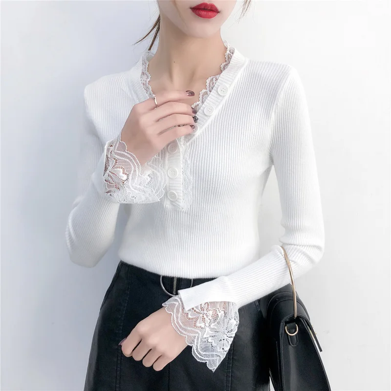 Winter V-neck Knitted Sweater Women 2019 Basic And Pullovers Jumper Lace Long Sleeve Button Decoration | Женская одежда