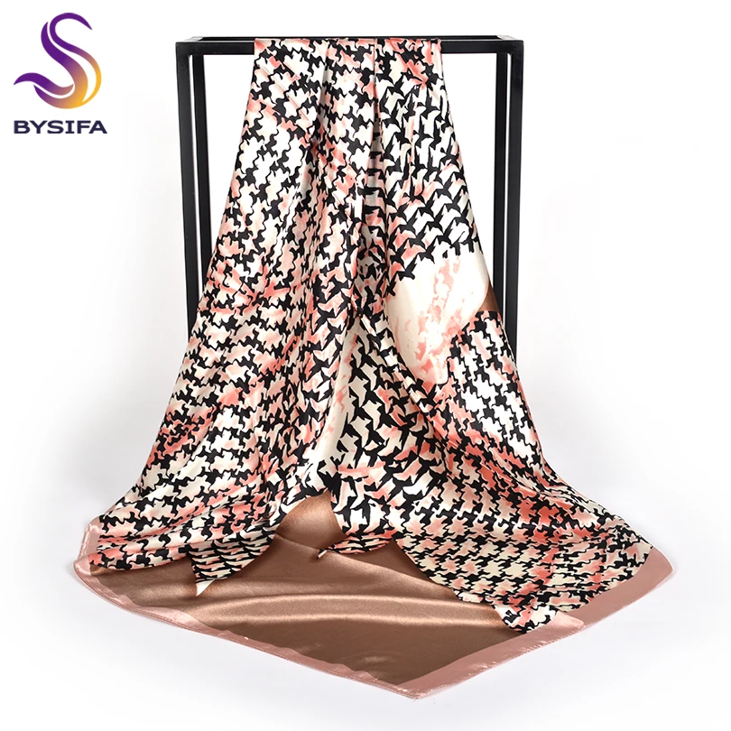 

[BYSIFA] Women Khaki Pink Square Scarves Wraps New Design Satin Silk Scarf Shawl Spring Autumn Ladies Neck Scarf Cape 90*90cm