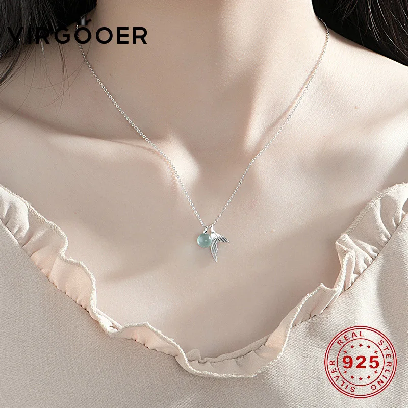 virgooer s925 silver Mermaid Tail Blue Pendant Necklace for women elegant jewelry gift Foam Crystal Necklaces wholesales | Украшения и