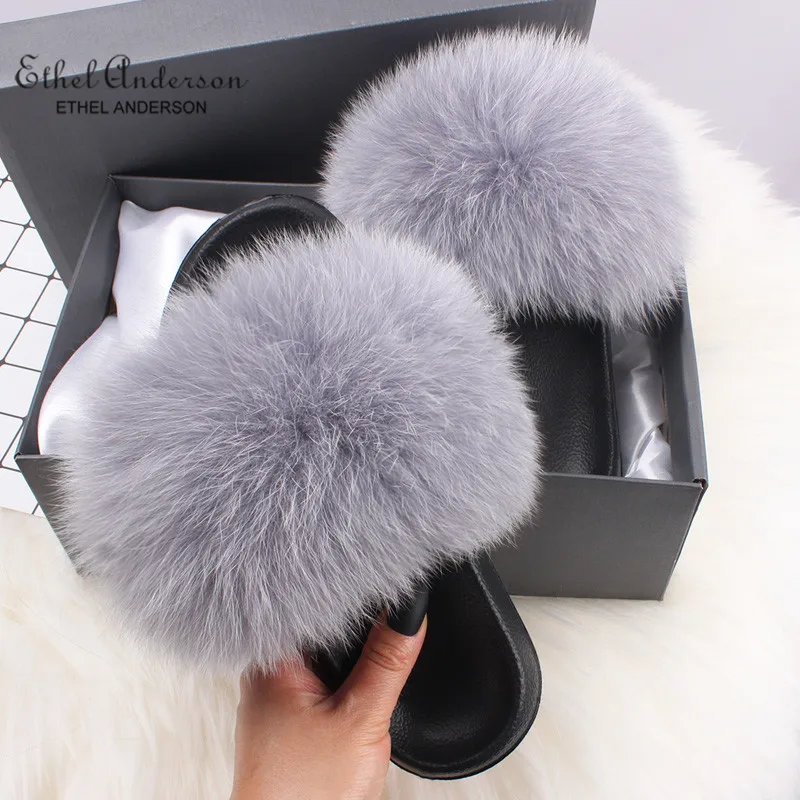 Light Grey Fox Fur ; тапочки с натуральным лисьим мехом; женские сланцы с мехом енота; модные пушистые меховые сандалии; повседневная обувь - Цвет: Light Grey Fox Fur