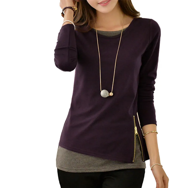

Women t shirt 2019 New Arrival Casual Long Sleeve Tops Zipper Fake Two Pieces Tee Shirt Fashion Ladies Tunic Tops Plus Size 5XL