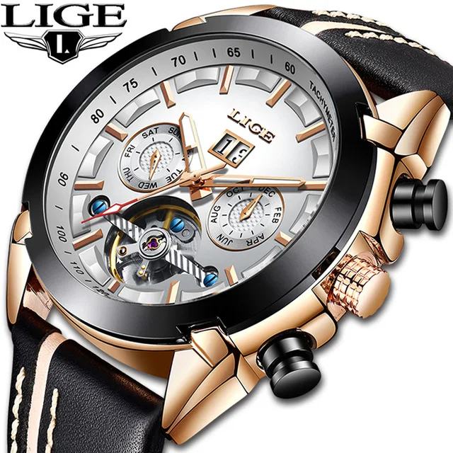 Relogio Masculino lige Top Бренды класса Люкс Мужские автоматические механические часы с кожанным Водонепроницаемый спортивные часы мужские деловые наручные часы