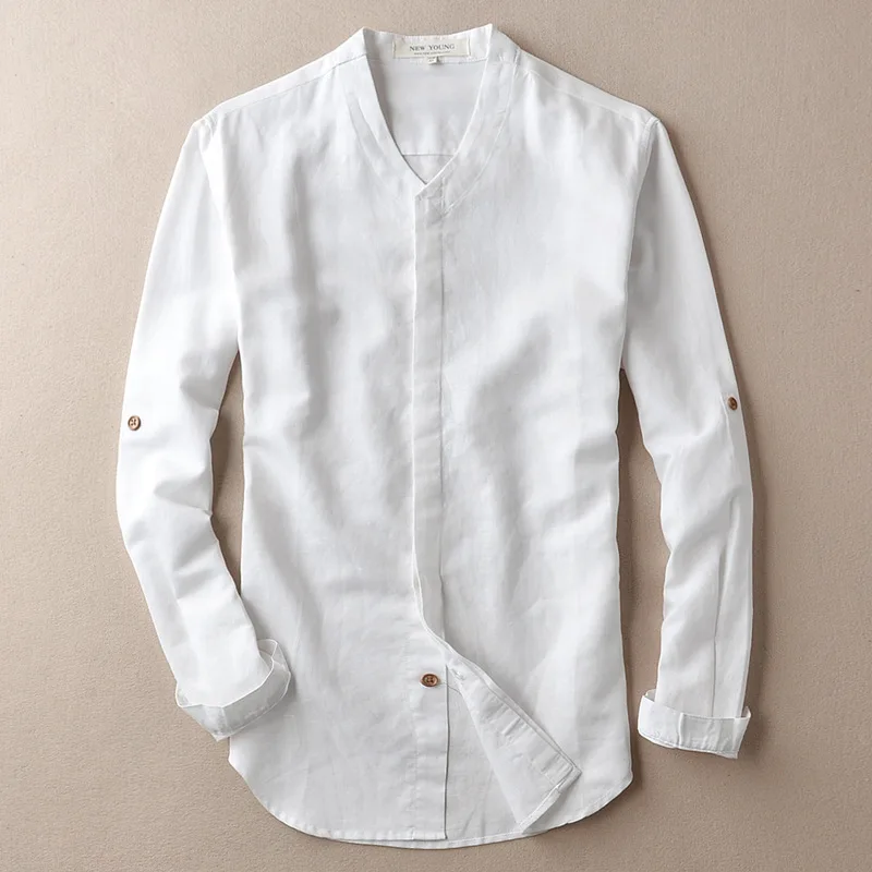 

Spring Fall Casual Men's V Neck White Blue Full Sleeve Slim Fit Linen Blouse Shirt , Summer 3XL Cardigan Blouses Shirts For Men