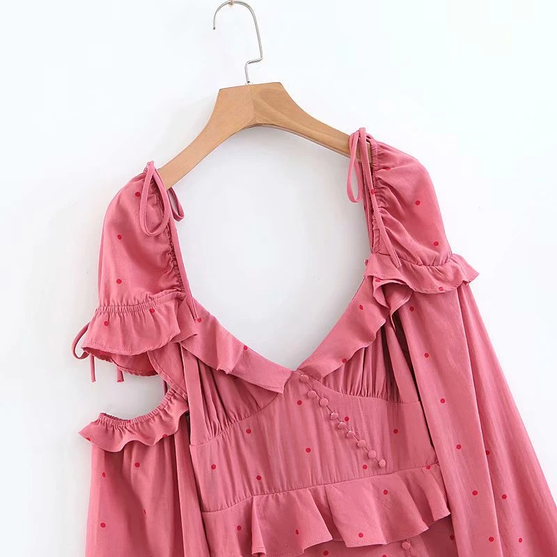 Boho chic женское сексуальное платье с открытыми плечами, с узором в горошек, с принтом пляжное платье в богемном стиле Женские V образным вырезом Нерегулярные миди платье vestidos