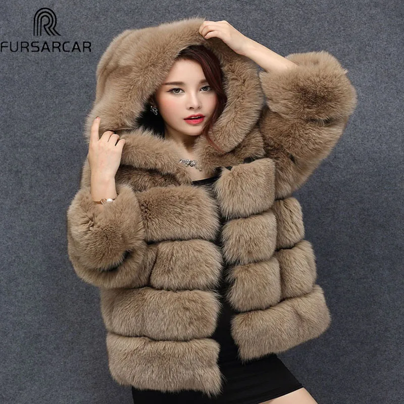 Женское пальто с натуральным лисьим мехом FURSARCAR зимняя теплая Толстая куртка