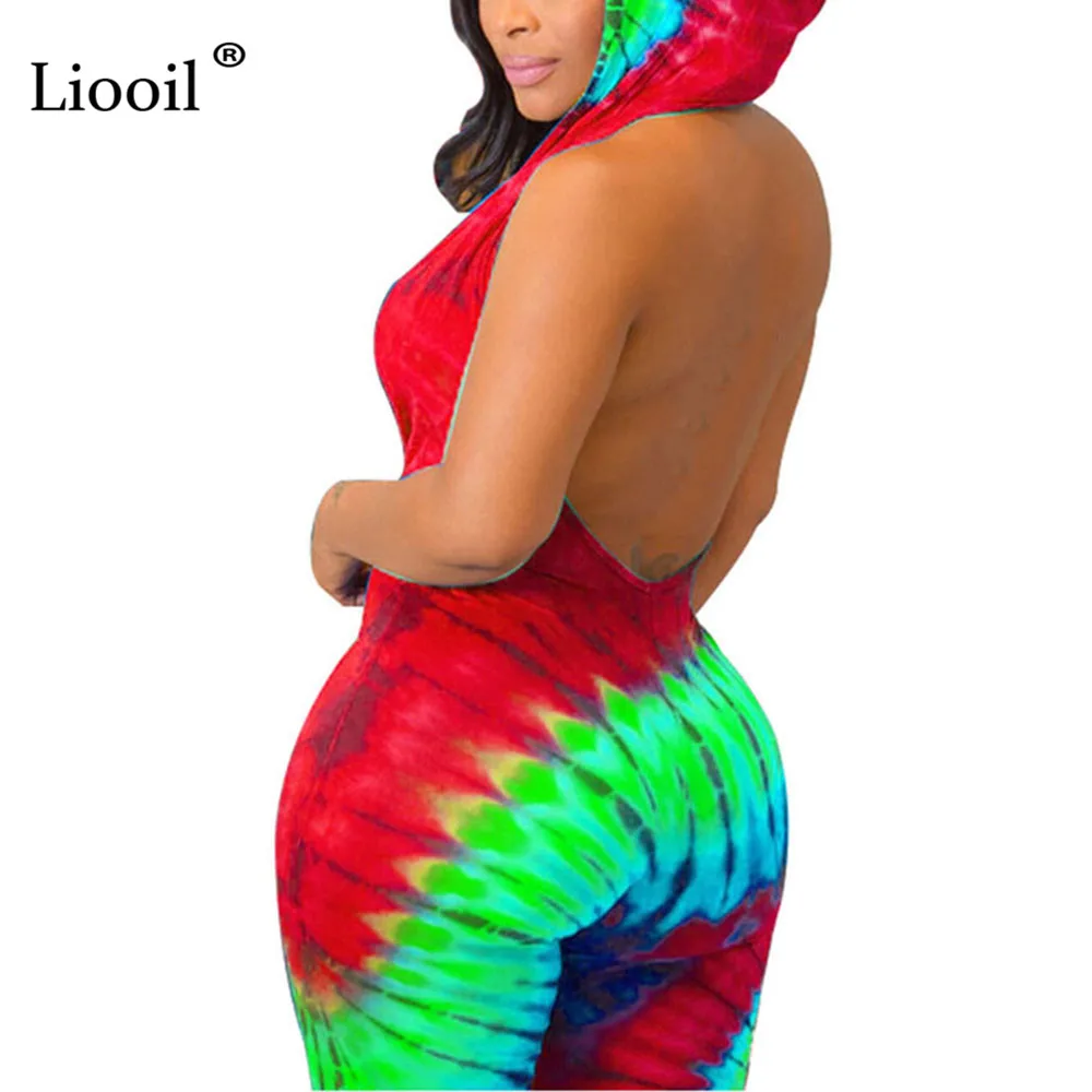Liooil Tie Dye комбинезон с капюшоном с открытой спиной сексуальный комбинезон Колготки Новое поступление Bodycon Вечерние Клубные Комбинезоны женские Комбинезоны Шорты
