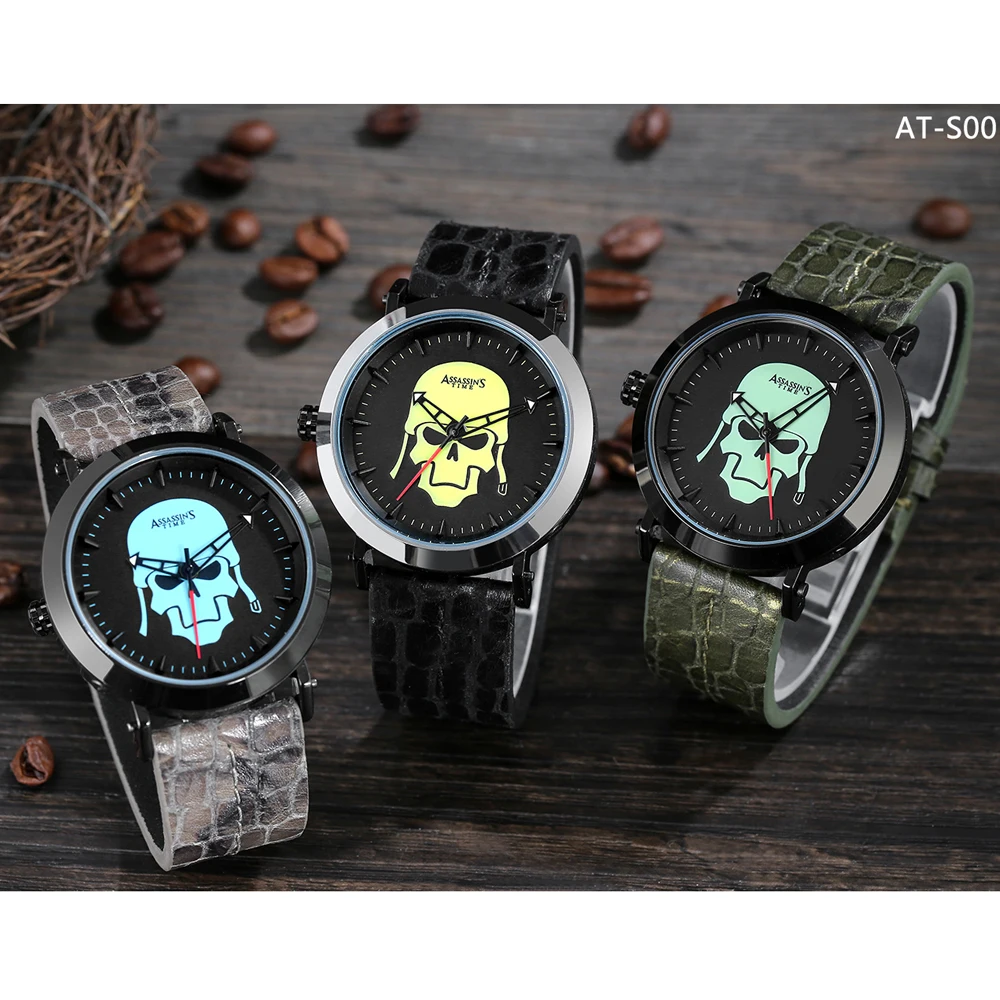 

Assassin's Time Men's Watch Japan Quartz Man Hours Punk Gothic Skull Bone Fine Fashion Clock Genuine Leather Boy's Birthday Gift