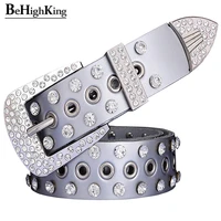fashion rhinestone genuine leather female belt unisex cow skin waist strap quality pin buckle girdle width 3 3 cm
