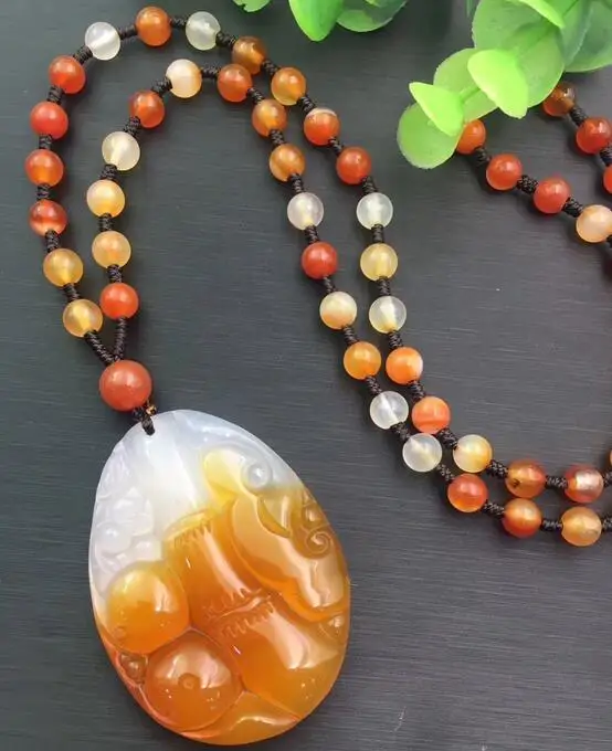 

Unique Natural Red And White Agate Carved Bamboo Necklace Pendant Necklace