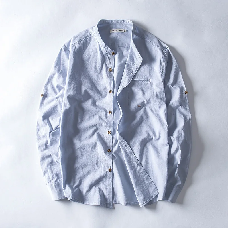 2018 new arrivals Men's stand collar long sleeve shirt with pocket white green blue summer casual shirts men cotton male | Мужская