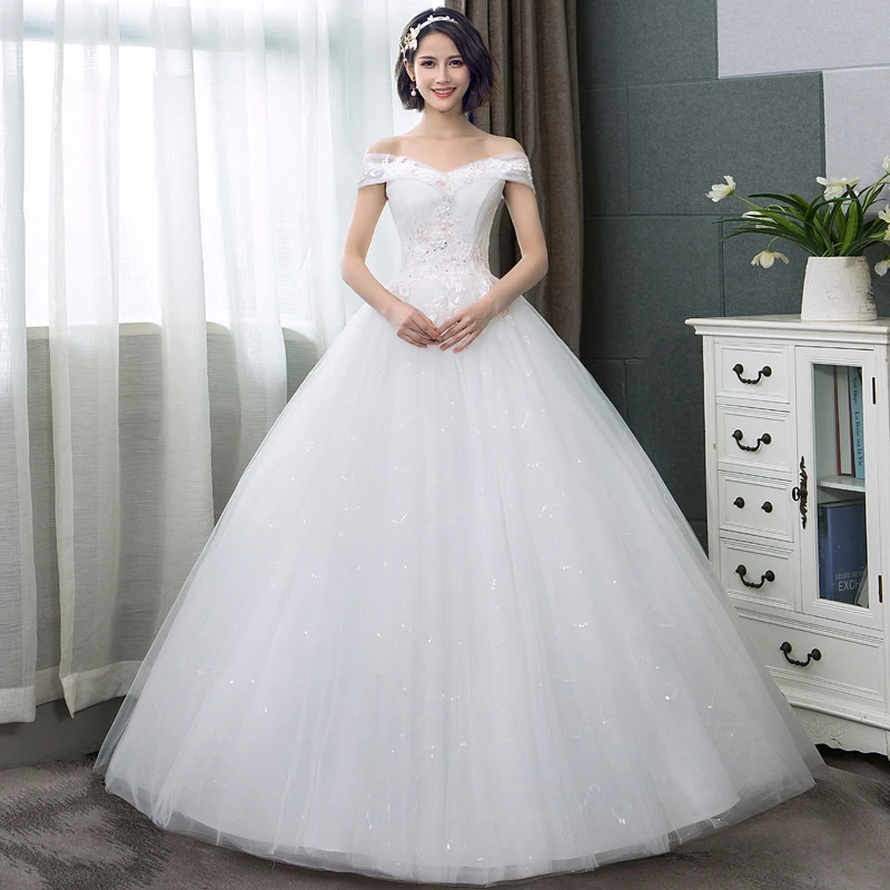 

Ivory new arrive Boat neck Lace ball gown Appliques Flowers Short Sleeve formal bride dresses wedding dress