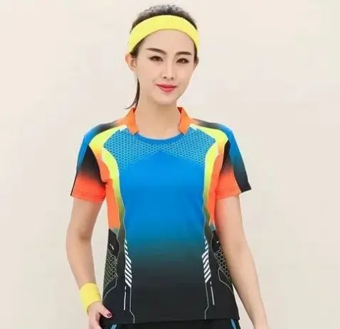 Women Blue Shirt Теннисная спортивная рубашка для женщин/мужчин, шорты для бадминтона, желтые молодежные комплекты для настольного тенниса, tenis fe men ina, командная спортивная форма - Цвет: Women Blue Shirt