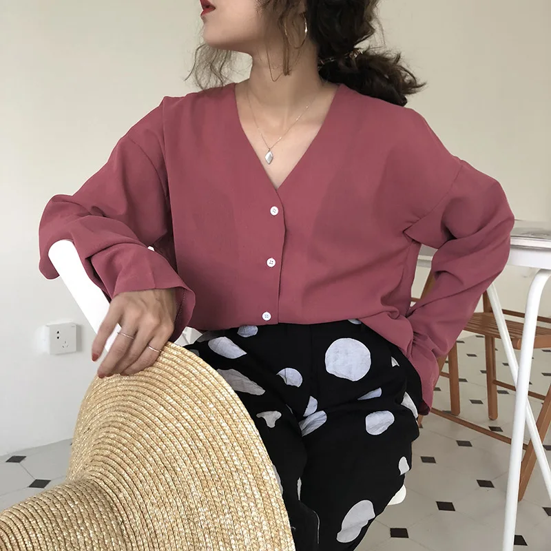 Plum FATIKA однотонная плиссированная блузка с v-образным вырезом, элегантные свободные блузки, весенние топы, новинка, популярная повседневная женская одежда - Цвет: Plum