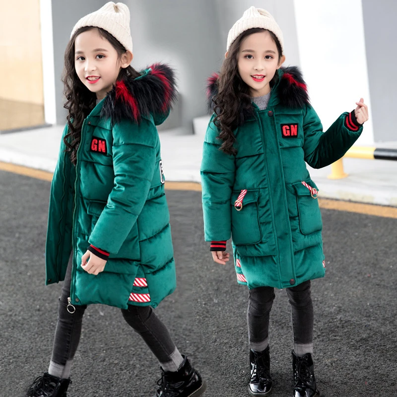 Зимний комбинезон с капюшоном для девочек детское зимнее пуховое пальто меховым