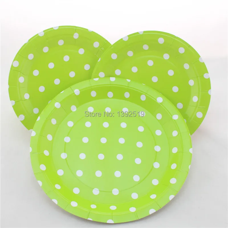 

Free Shipping 48pcs Lime Green Polka Dot Paper Party Plates Party Cake Plates