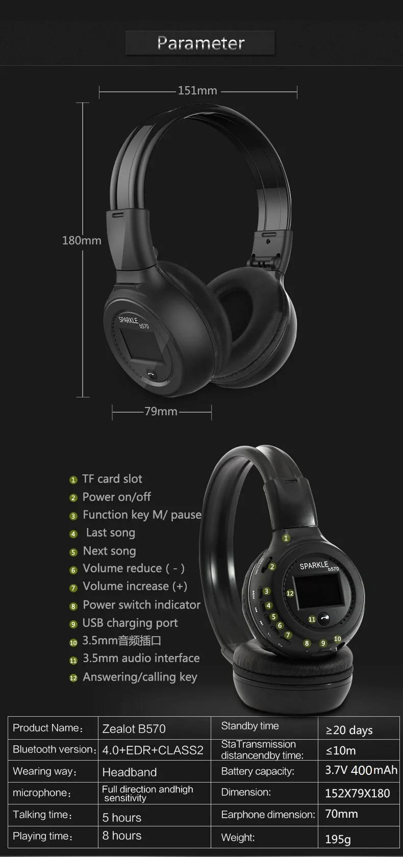 Zealot B570 беспроводные наушники+ fm-радио Bluetooth гарнитуры наушники с микрофоном Поддержка TF карты, AUX