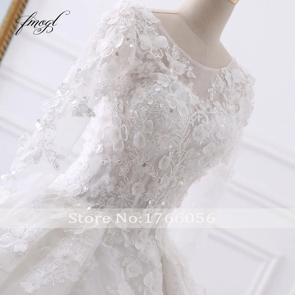 Fmogl Vestido De Noiva, бальное платье с длинным рукавом, свадебные платья, сексуальные кружевные платья невесты с открытой спиной и аппликацией из бисера и цветов