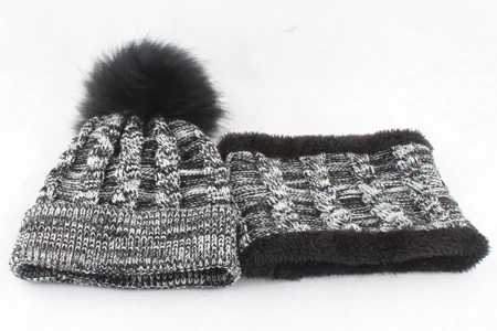 black fur pom От 3 до 8 лет для девочек и мальчиков, сезон зима детская бейсболка дети зима флисовая шапка теплый шарф на шею шапка с шарфом Кепки - Цвет: black fur pom
