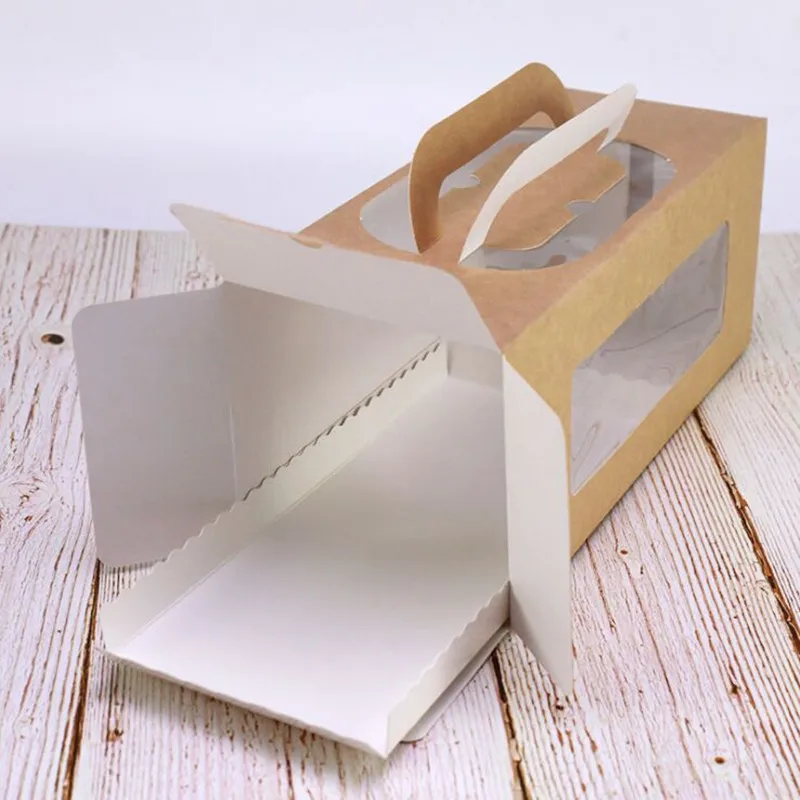 FeiLuan store10pcs 27x11x11cm Brown paper hand-held windowed cake roll box stock marbled towel roll baked cake pastry box custom