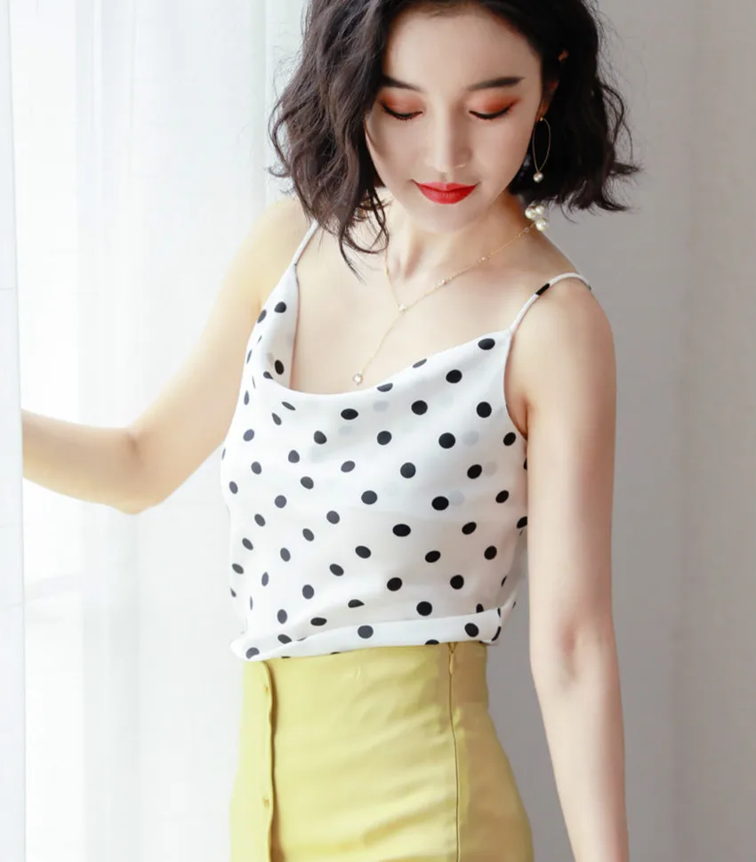 Летняя женская шелковая майка Сексуальная Дамская в горошек шикарный Атлас топы