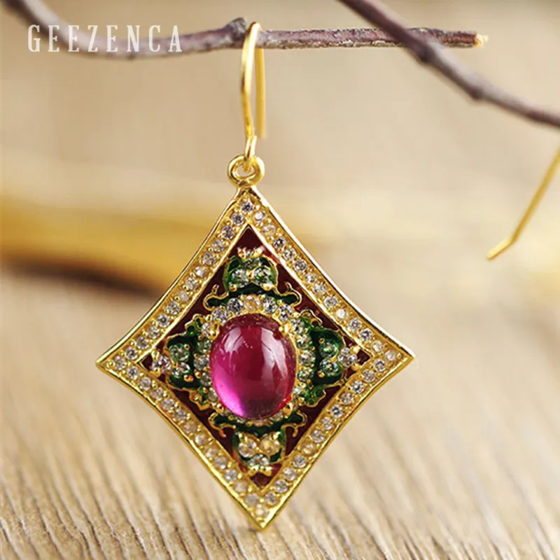 Ruby 925 стерлингового серебра, Драгоценный Рубин, Cloisonne цвет, серьги ручной работы, ювелирные изделия, женские винтажные Роскошные серьги - Цвет камня: Ruby