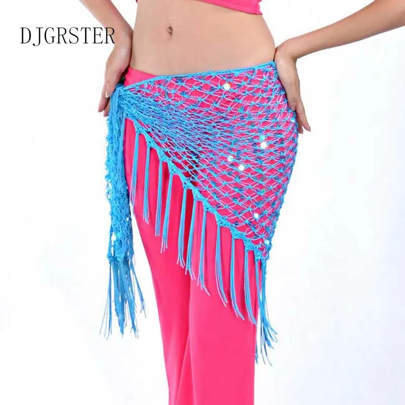 

DJGRSTER Belly Dance Clothes Accessories Stretchy Long Tassel Triangle Belt Hand Crochet Belly Dance Hip Scarf Sequin